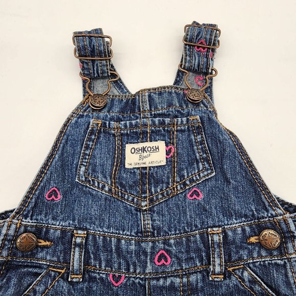 OshKosh B'Gosh Vestbak Denim Overalls with Embroidered Pink Hearts Size 9 Mo. - Picture 3 of 4